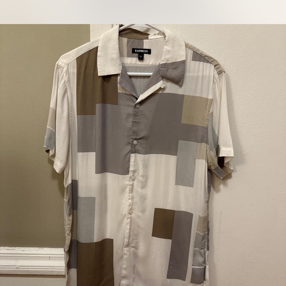 Express Rayon Button Up Shirt Gray and Brown
